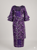 Ankara Purple Batik Embellished Tiered Ruffle Sleeve Midi Dress