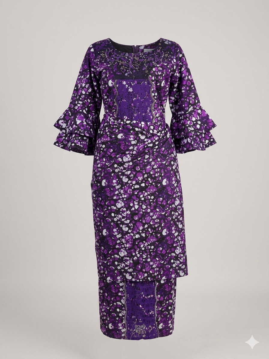 Ankara Purple Batik Embellished Tiered Ruffle Sleeve Midi Dress