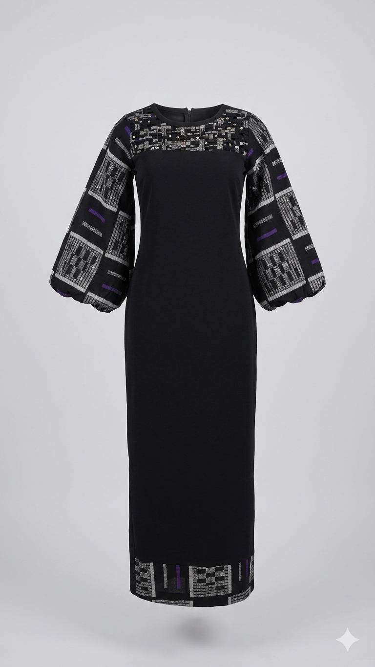 Black Aso-Oke Panel Balloon Sleeve Midi Dress