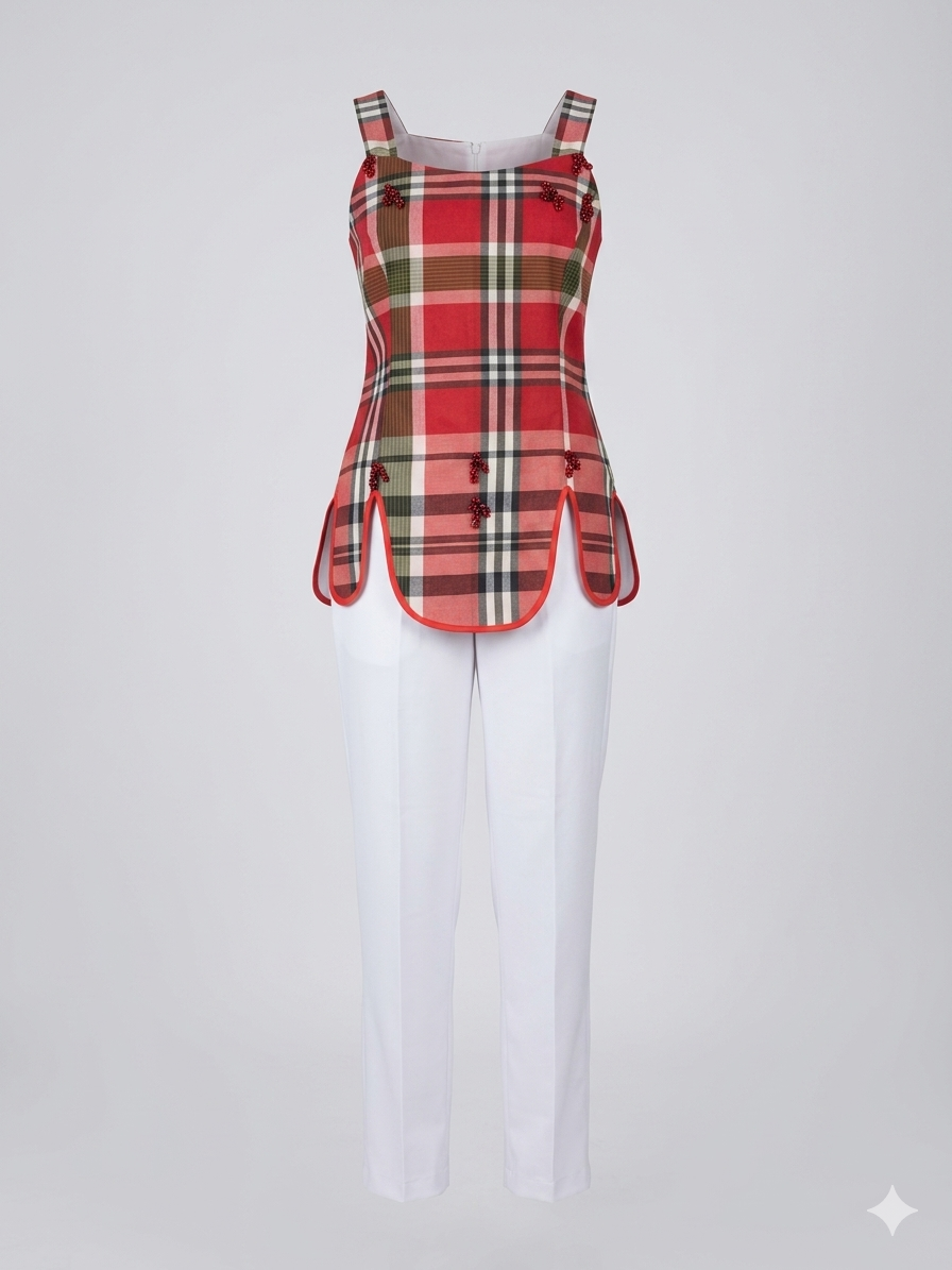 Red Tartan Beaded Peplum Top & White Trousers Set