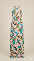 Floral Geo Print Chain-Belt Halter Maxi Dress