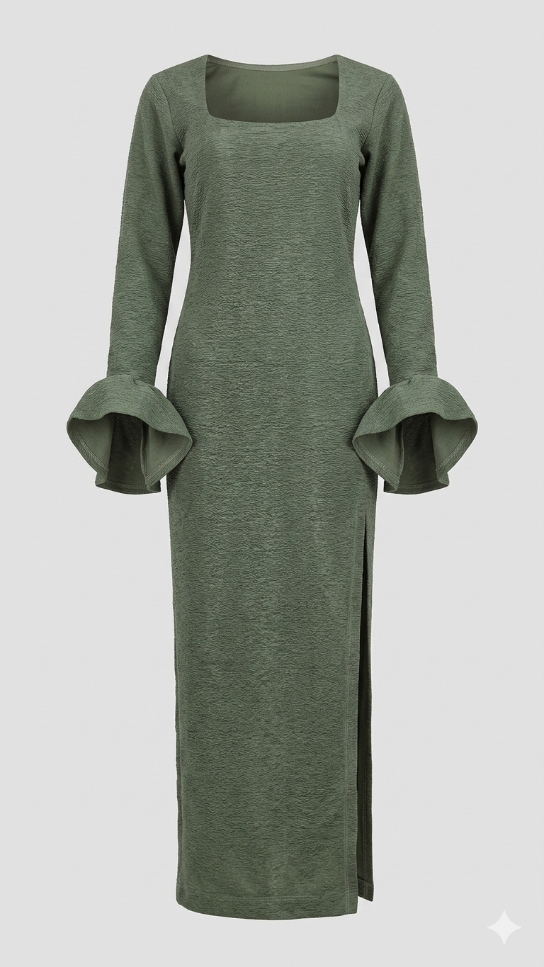 Sage Textured Square-Neck Ruffle Cuff Maxi Dress