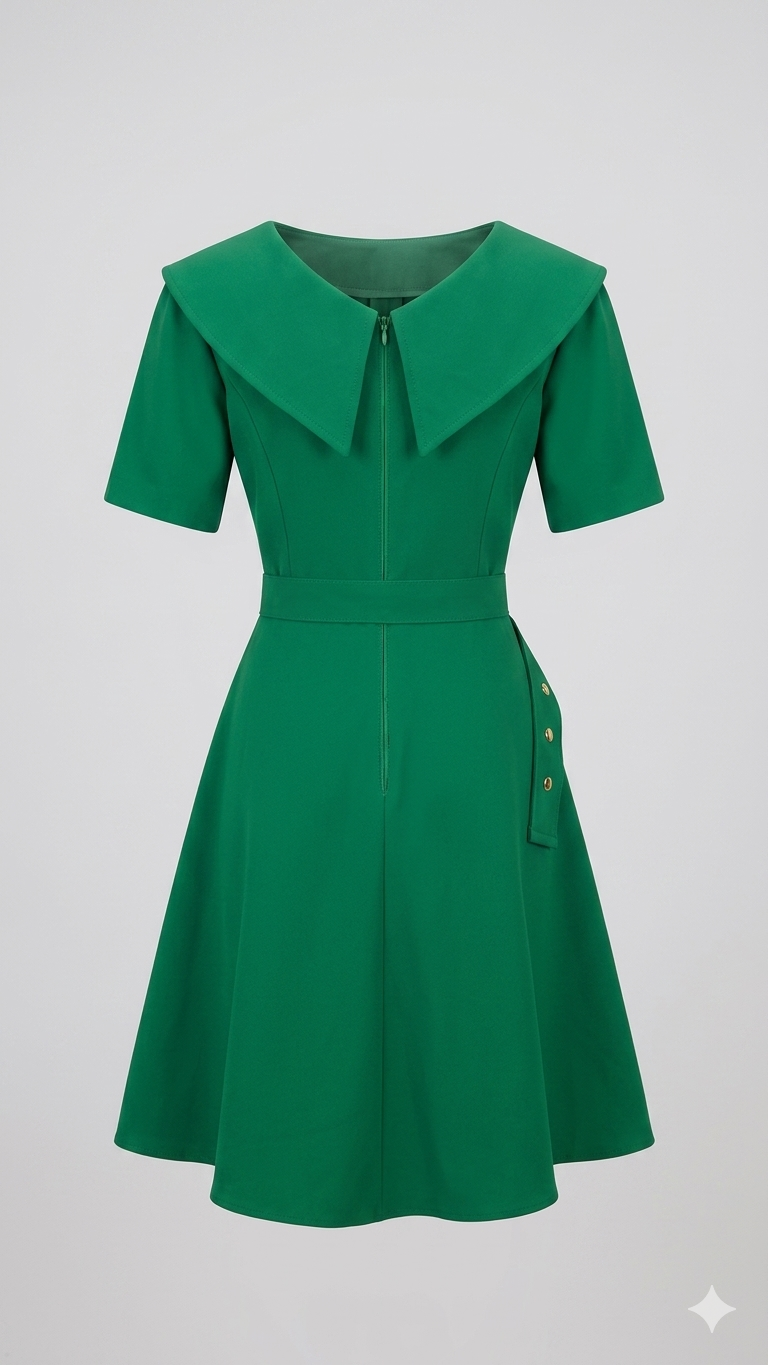 Emerald Pearl Button Belted Dress