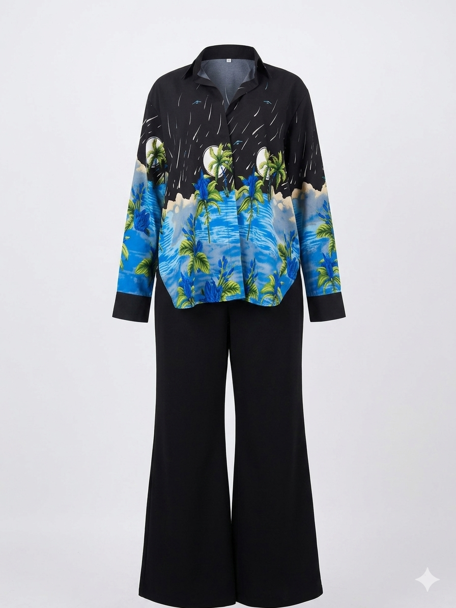 Black shirt with blue and green abstract design and black pants on a white background