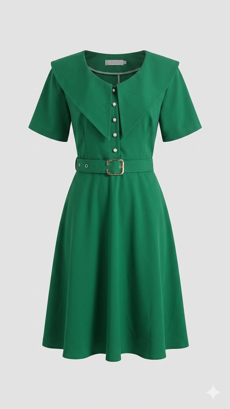 Emerald Pearl Button Belted Dress