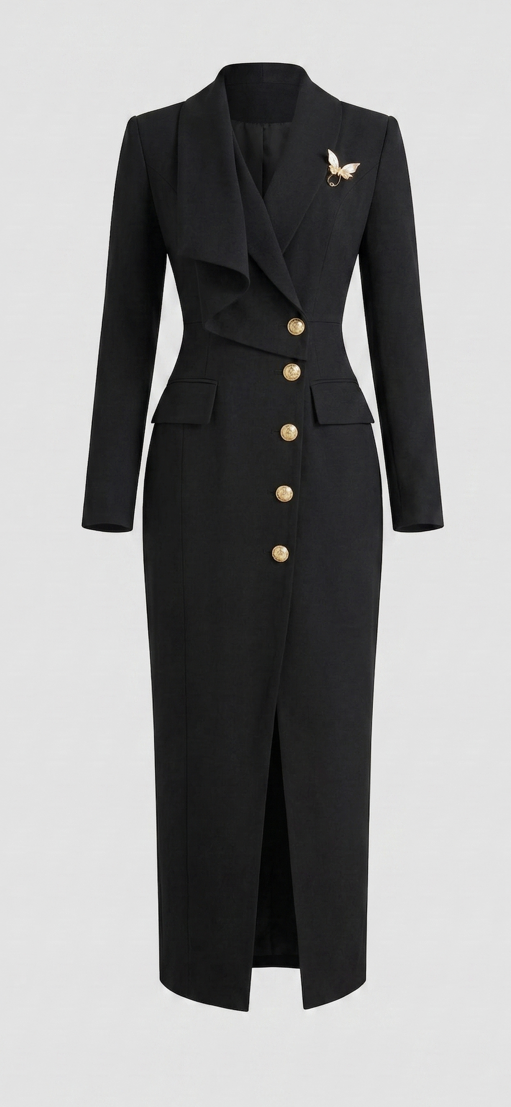 Black Gold-Button Blazer Midi Dress