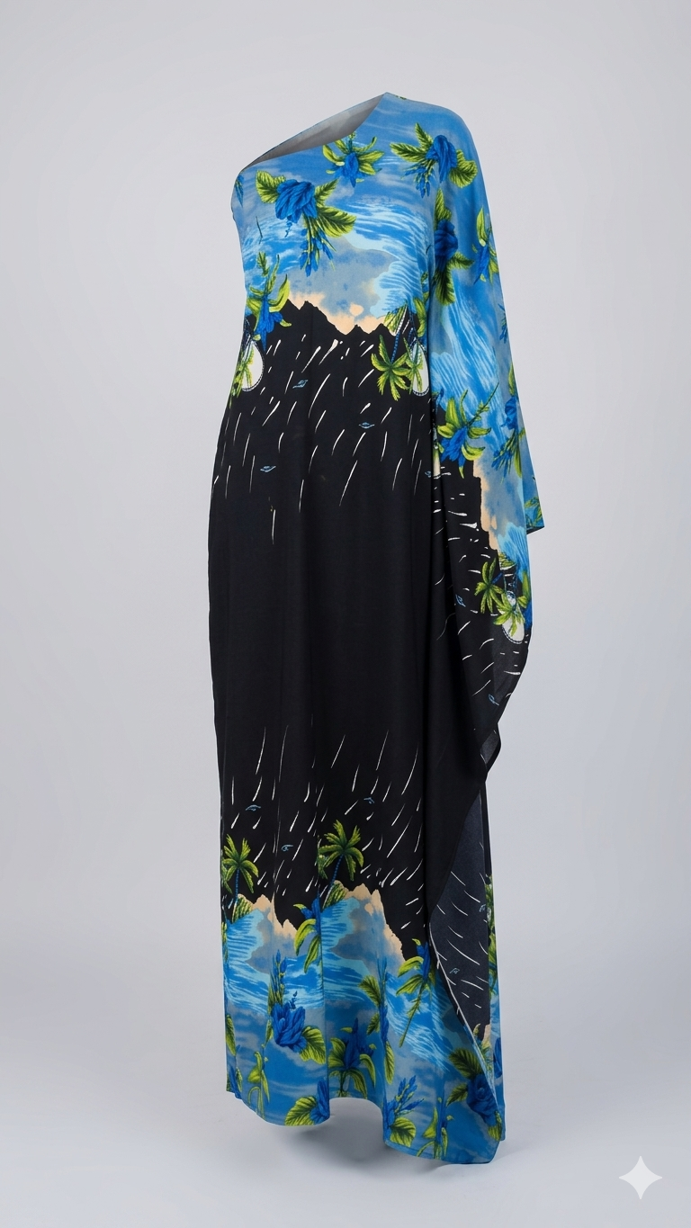 Tropical Print One-Shoulder Draped Maxi Dress