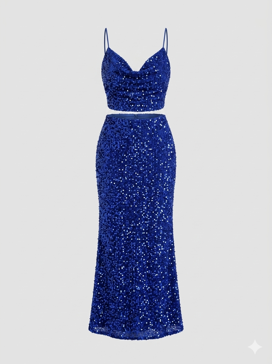 Royal Blue Sequin Crop Top & Midi Skirt