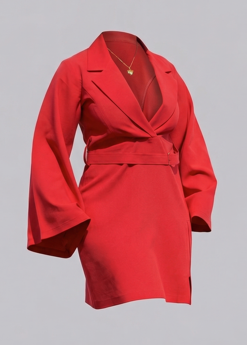 Red dress with a necklace and high heels on a gray background